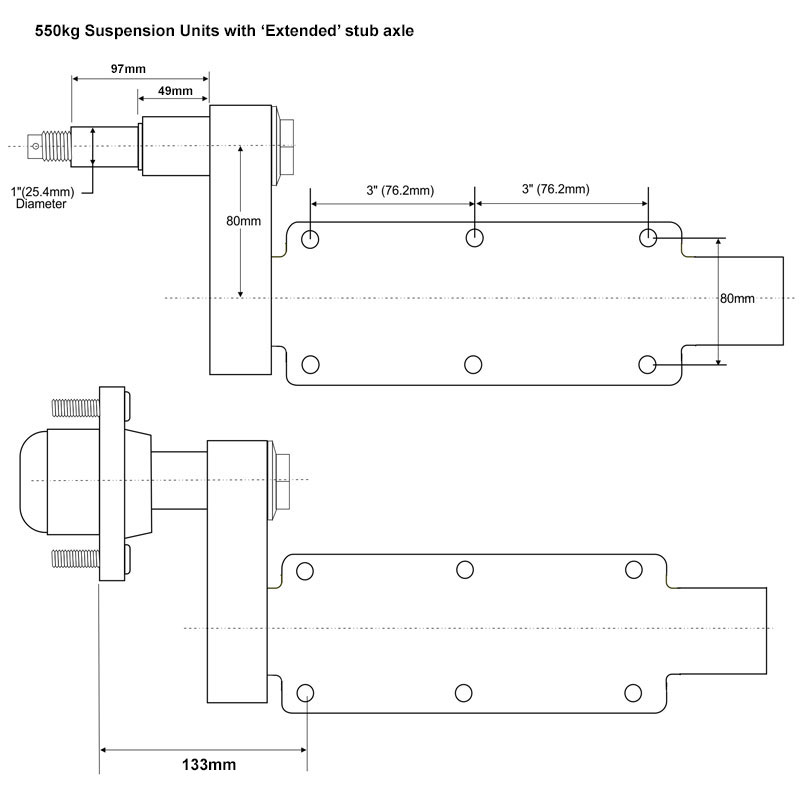 550kg Alloy Trailer Suspension Units with Extended Axle