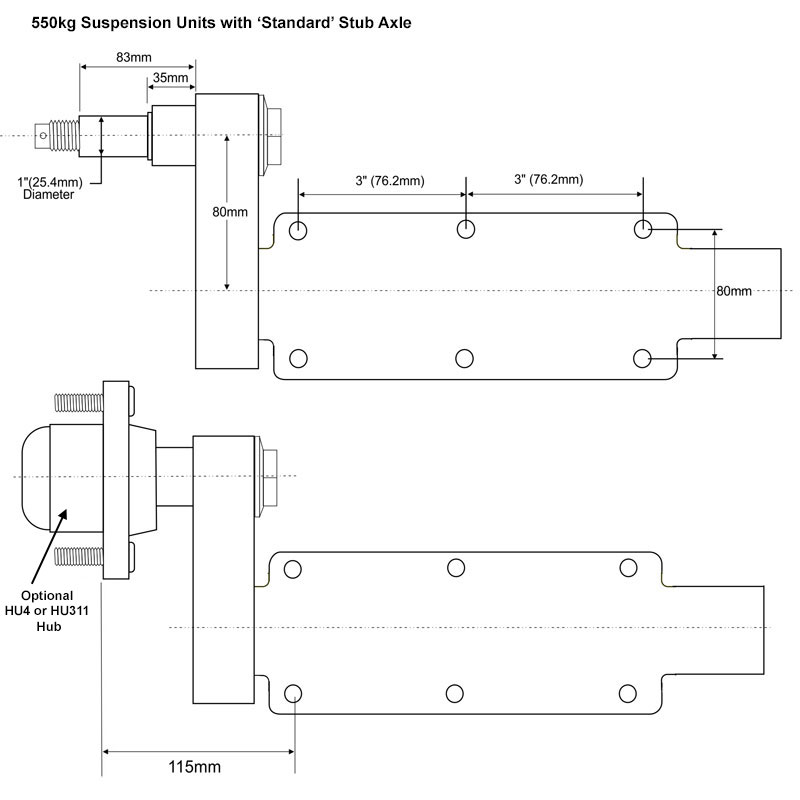 550kg Alloy Trailer Suspension Units with Standard Axle
